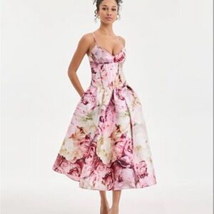 Pink Floral Midi Dress with Spaghetti Straps